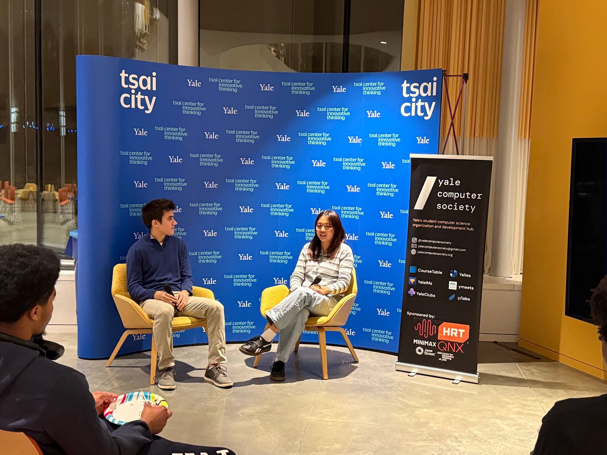 A fireside chat with a guest speaker at Tsai CITY