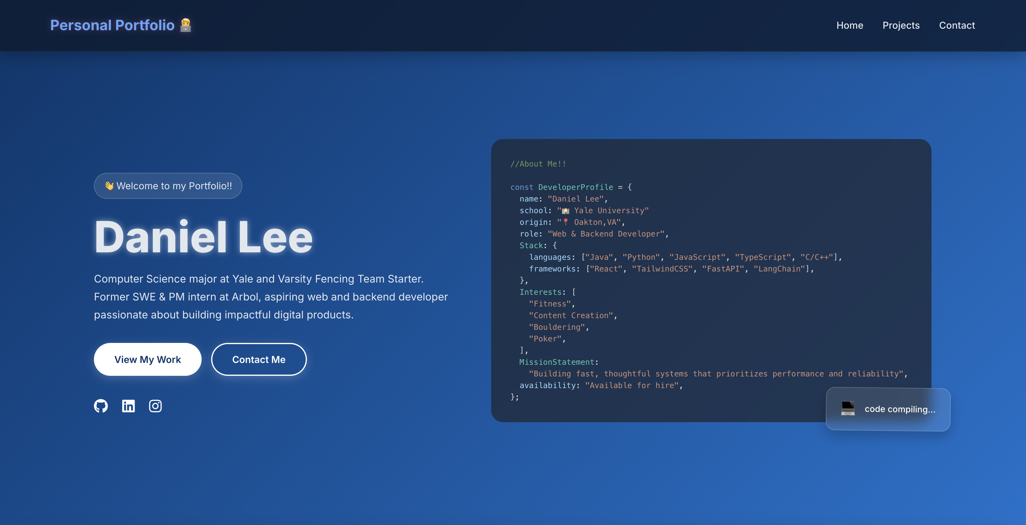 Home screen of Daniel's portfolio