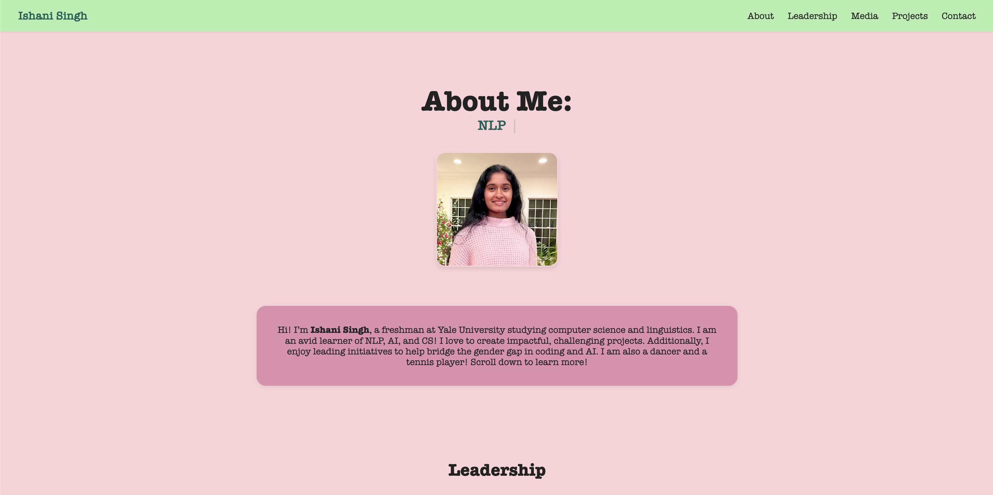 Home screen of Ishani's portfolio