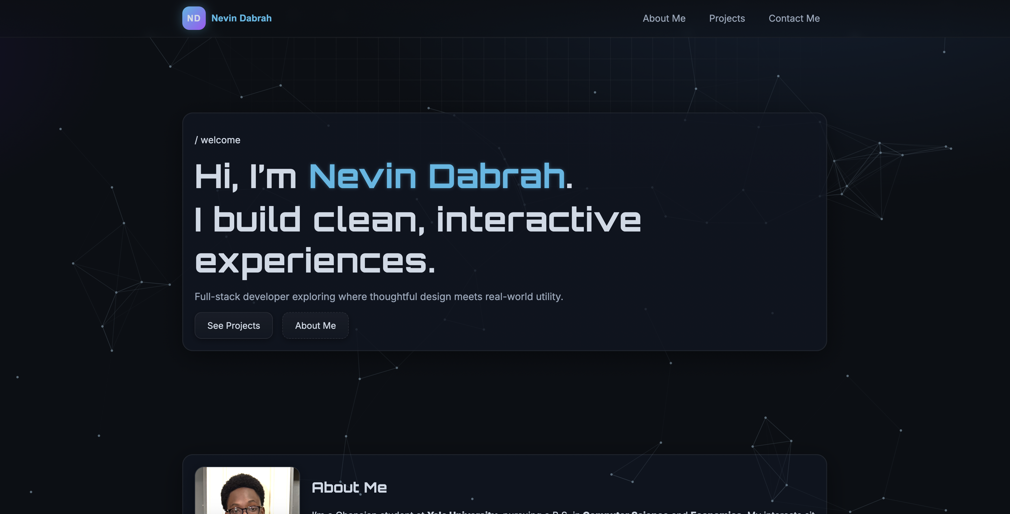 Home screen of Nevin's portfolio