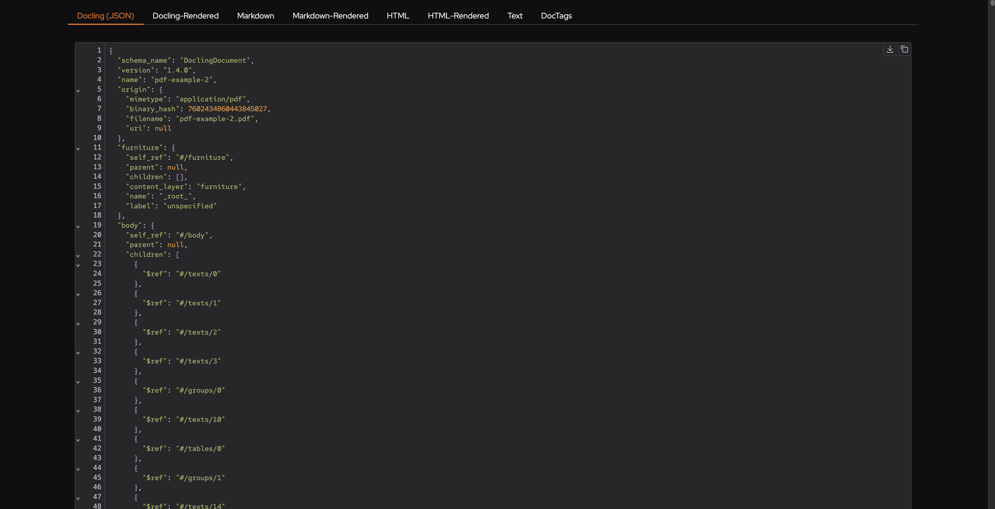 JSON representation of a Docling Document. The JSON representation is 6,000 lines long for a PDF file that was originally two pages.