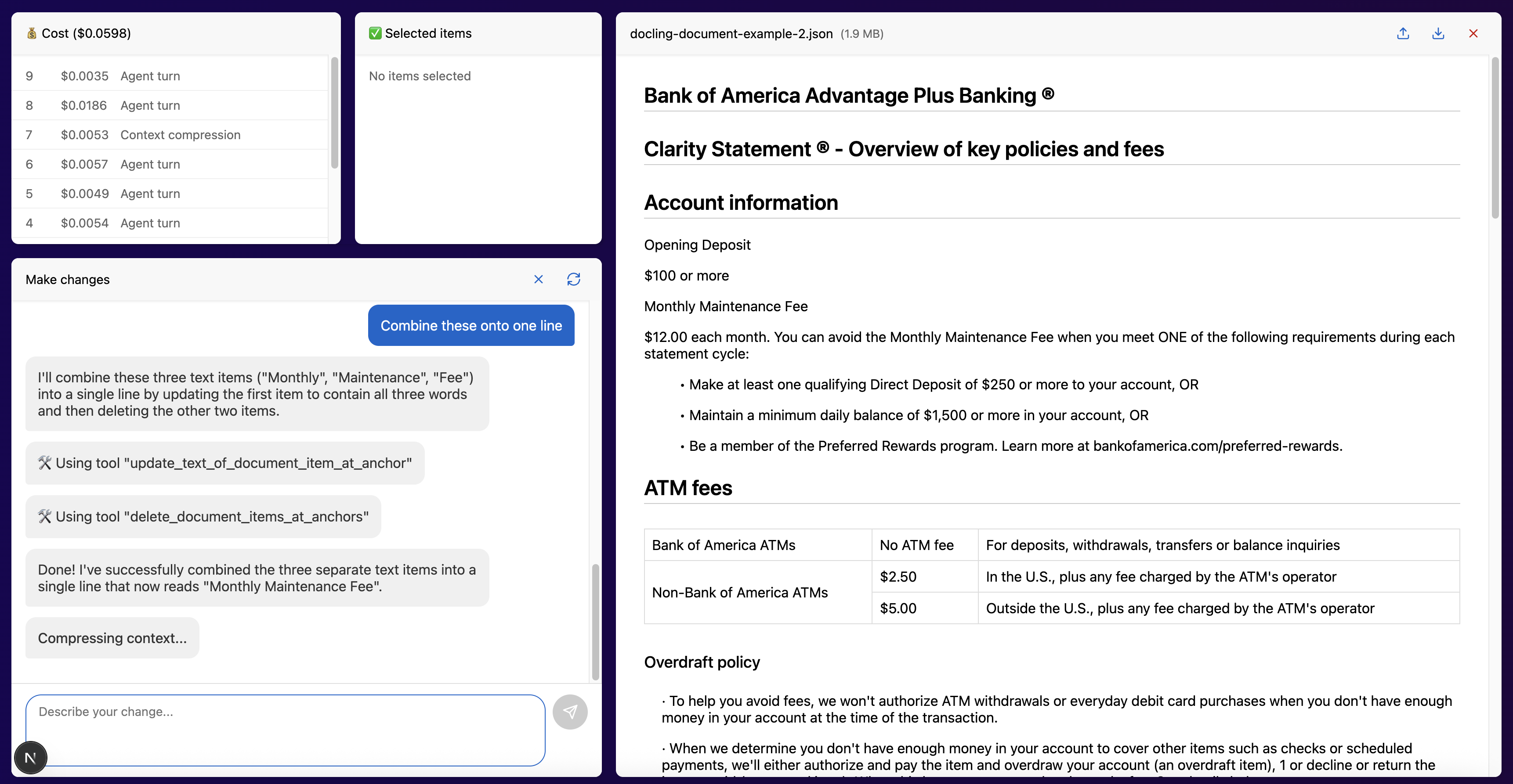View of the final document editor prototype. The agentic assistant (bottom left) is currently undergoing context compression to enable a continuous conversation. Check out the videos to see this tool in action!
