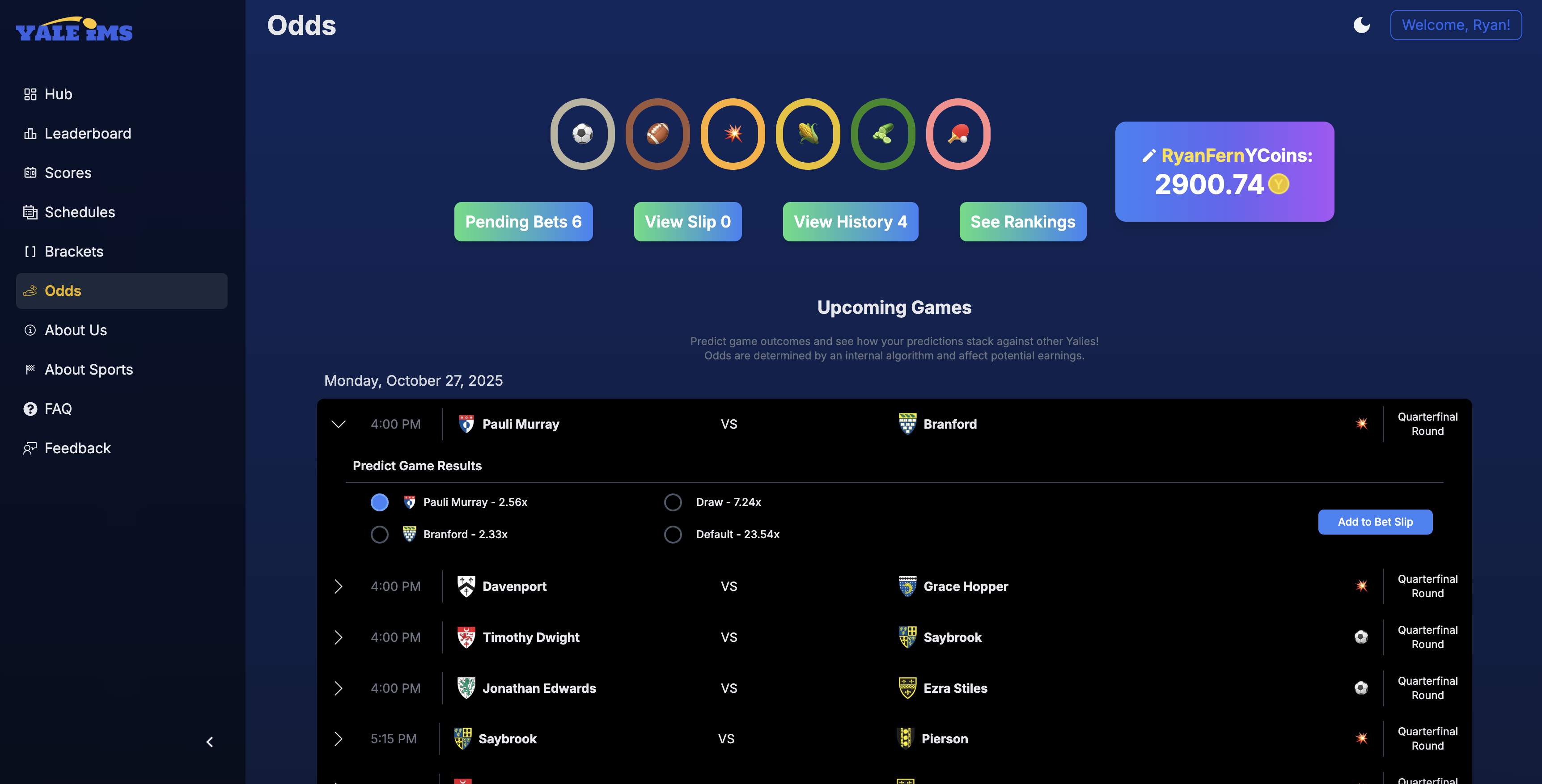 Odds page of YaleIMs