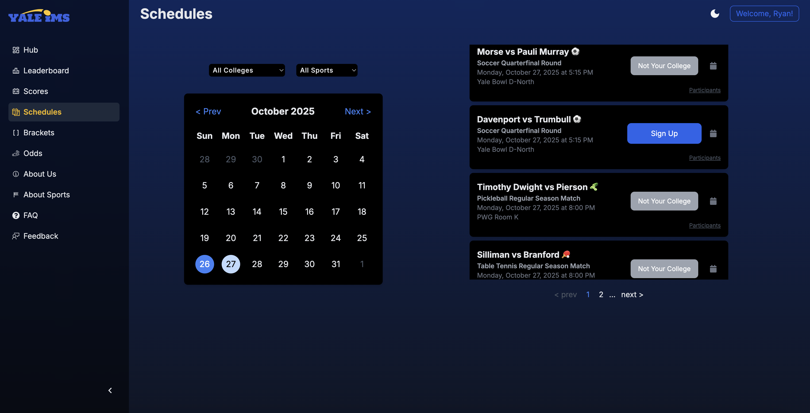 Schedules page of YaleIMs