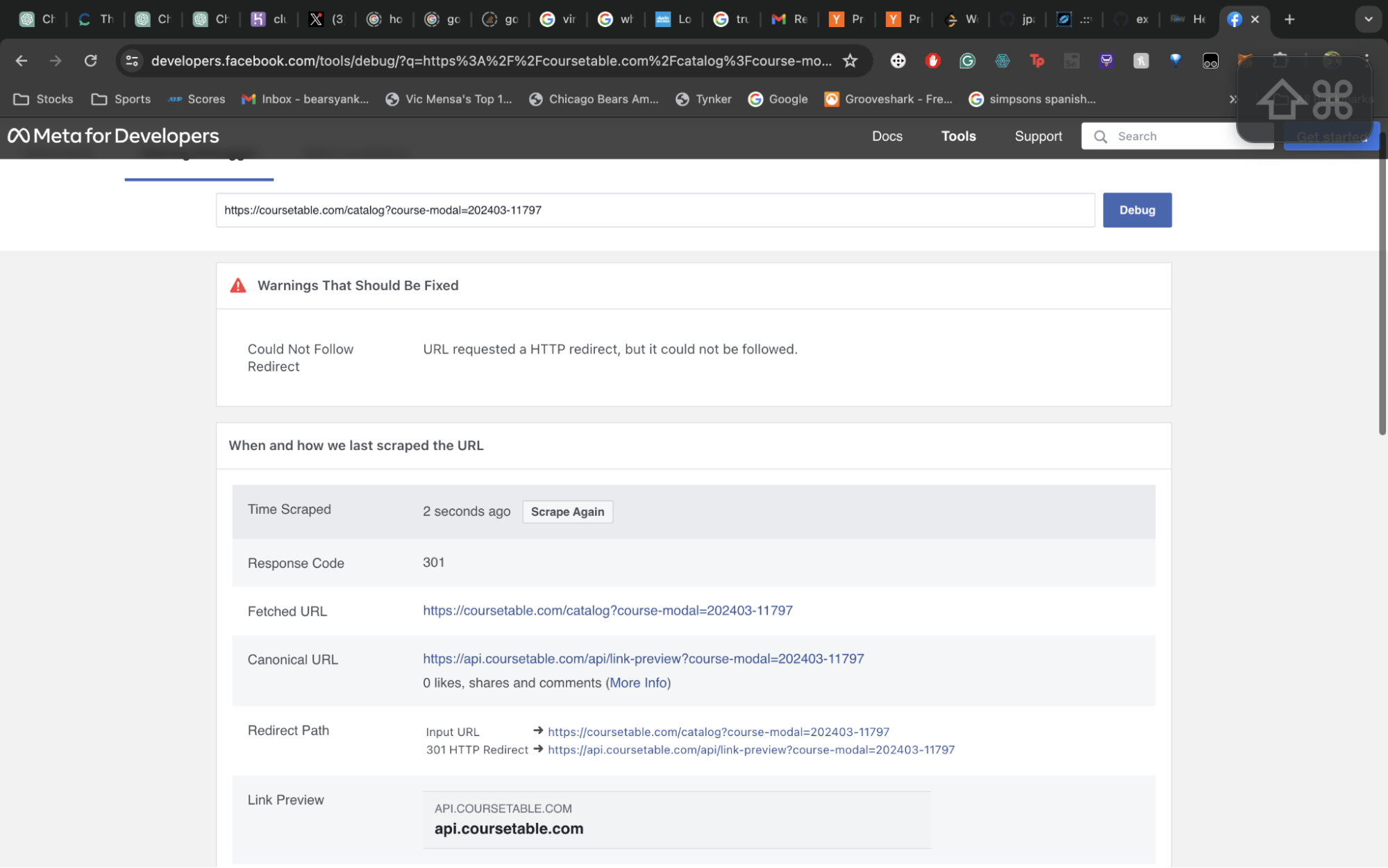 Screenshot of Facebook debugger console, displaying a warning that says "URL requested a HTTP redirect, but it could not be followed." for the CourseTable course URL.