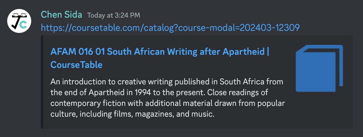 An example link preview, showing a Discord message containing a CourseTable course link. An embed is shown, containing the course title, description, and the CourseTable logo.