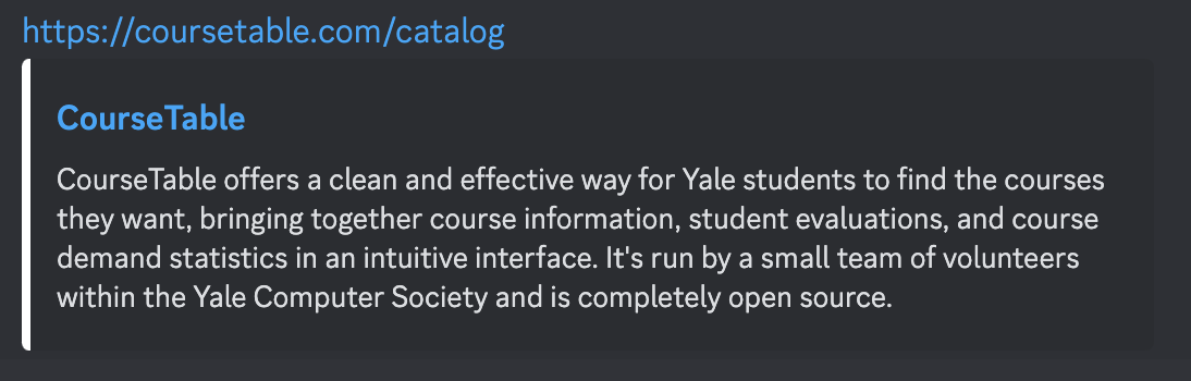 A Discord message containing a CourseTable course link. The embed shows the generic title and description for the entire site instead of being specific to a course.