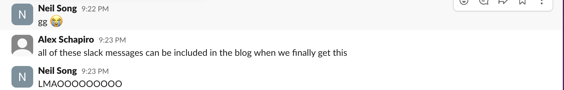 Slack post of Alex, saying "all of these slack messages can be included in the blog when we finally get this"