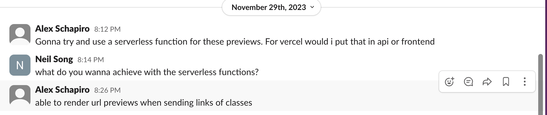 Slack conversation between Alex and Neil. Alex first proposes to add a serverless function so CourseTable is "able to render url previews when sending links of classes". The date was November 29th, 2023